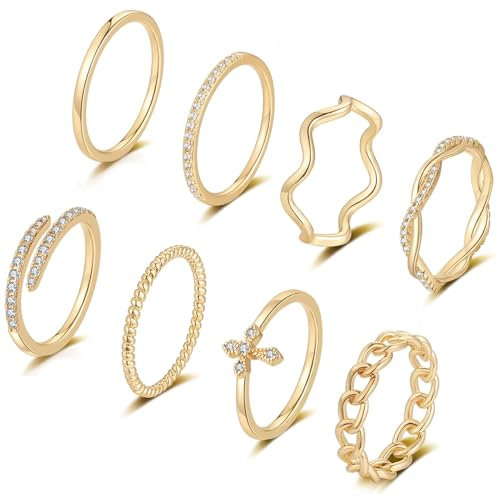 FUNEIA Lot de 8 bagues pour femme en or, argent et or rose plaqué or 14 carats - Bagues empilables - Bague de cheville pour femme - Bague de fiançailles fine - Bague dorée - Bijou fantaisie