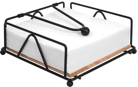 Winter Shore Porte Serviette Table Plat en Métal Noir - Distributeur Serviette Papier avec Barre Lestée - Cadre en Fer avec Base en Bois - Imperméable & Antirouille - 18 x 18 x 7 cm