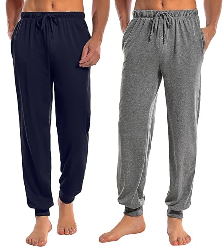 Marvmys Schlafanzughose Herren Lang mit Bündchen Einfarbige Pyjamahose für Männer Schlafhose Haushose Freizeithose mit Knopfleiste Navy blau+Dunkelgrau L
