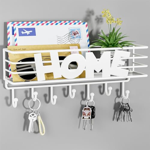 SWTYMIKI Schlüsselbrett - Multifunktionales Schlüsselhalter mit Netz-Ablage und 7 Haken, Wandmontierte Schlüsselboard/Schlüsselbrett mit Ablage für Flur, Schlafzimmer & Küche, Hängen Küchenbesteck