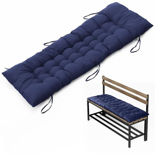 DKIEI Garden Bench Seat Cushion, 2/3 Seater Bench Pad with Non-Slip Straps, 8cm Thick Dining Bench Cushion, Rectangle Bench Seat Pad for Chaise Indoor Outdoor 125x48cm Blue
