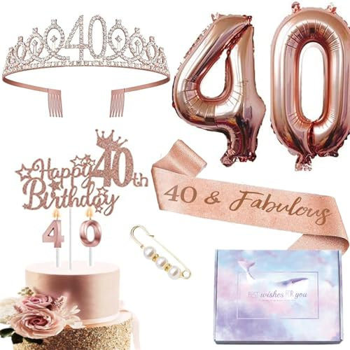 40th Birthday Decorations,Rose Gold Birthday Crown Headband Sash for Women 30th Birthday Gifts,Sash and Tiara 40th Birthday Presents,Balloon,Cake Topper,Candle,Crown Pin for Happy 40 Years Old Party
