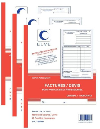 ELVE Lot de 3 Manifolds MICRO-ENTREPRENEUR Factures/Devis A4 40 feuilles Dupli