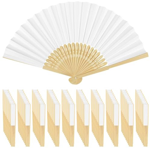 100pcs White Paper Hand Fans White Folding Paper Fans for Wedding, Bamboo Handheld Fans Paper Folding Fans Bulk Wood Wedding Fans for Guest Dancing Party DIY Craft Photo Props Wall Decoration