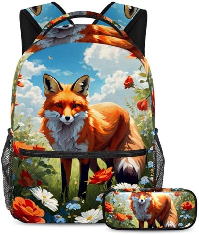 Niedlicher Fuchs und Blume halten Sie Ihre Essentials in der Nähe, Rucksack mit Federmäppchen, vielseitiges Schulranzen-Set für Jungen, Mädchen, Teenager, mehrfarbig, B：29.4x20x40cm P：19x7.5x3.8cm,