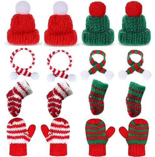 MAIDETONG Mini Weihnachtsmütze,16 Stück Mini Weihnachtsmütze und Schal Handschuhe Socken Deko Weihnachten, Weihnachtsgeschenke,Tischdeko Weihnachten,Weihnachtsschal Set Weinflaschen Dekorieren