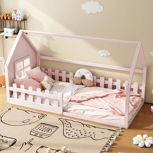 Merax Kinderbett 90x200 cm, Mädchen Bett, Hausbett Kinder, Bodenbett, Montessori Bodenbett Rosa aus Massivholz Kiefer