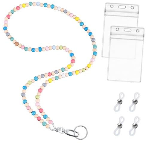 Schlüsselband mit Id Kartenhalter, Lanyard für Schlüssel Bunt Lanyard Lehrer Schlüsselband mit Holzperlen Stilvolles Schlüsselband mit Perlen für Damen Ausweisclip Schlüssel