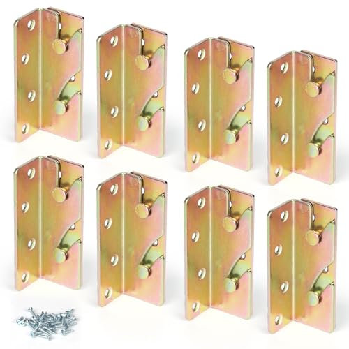 SWAWIS 8er Set Bettverbinder Bettbeschläge Bettgeländer Bettwinkel Schwerlast zum Einhängen Einhängebeschlag für Bettgeländer Bettrahmenprojekt Metall Gelb Chromatiert