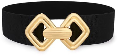 VONMELLI Damen Breiter Elastischer Gürtel Vintage Dehnbares Taillengürtel mit Retro Goldschnalle für Kleider Schwarz Passform Taillenumfang 83-92CM