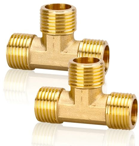 2 Stück T-Stück Messing 1/2 Zoll, 90° G1/2 Zoll (Ø20,3mm) AG, Abzweig Verteilerstück Außengewinde, DN15 Gewindefitting, Für Trinkwasser Geeignet