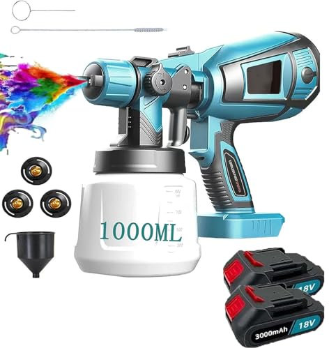 Akku Farbsprühsystem,kompatibel mit Makita 18V Akkus, Aktualisiert Sprühpistole Akku,mit 3 Düsen, 3 Spritzmuster,1000ml Farbsprühgerät,zum Streichen von Wänden Gartenzaun Sprühgerät (2x3000mAh Akku)