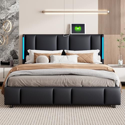 BLSYHDH - Cama de 160 x 200 cm con LED, cama acolchada LED hidráulica con baúl de cama doble con almacenamiento con cabecera de cama y somier de láminas (negro, 160 x 200)