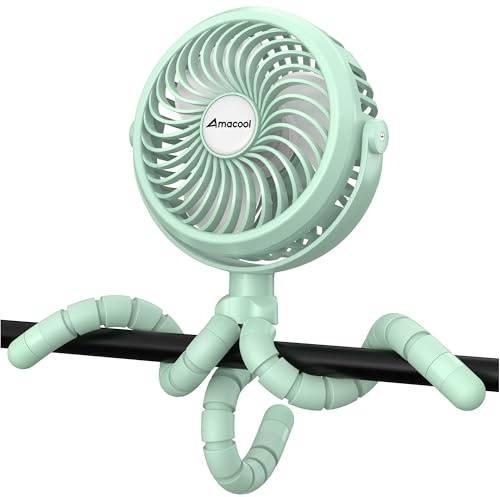 Amacool Pram Fan Battery Operated Stroller Fan Flexible Tripod Clip On Fan | 3 Speeds and Rotatable Handheld Personal Portable fan for Car Seat Crib Bike Treadmill (Green)