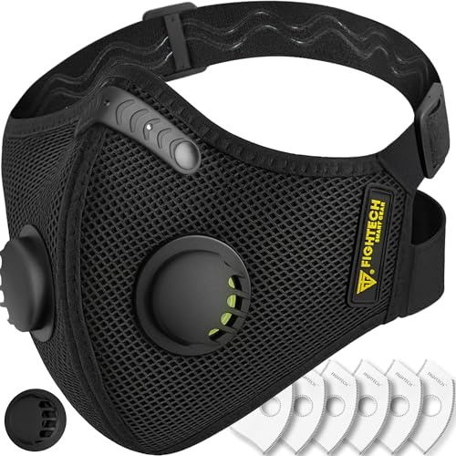 FIGHTECH Dust Mask – 3 Sizes - Reusable Face Mask with Carbon Filters and Air Valves for Woodworking, Construction, Moving (Black Single, Large)
