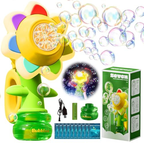 JEONDFG Sonnenblumen Seifenblasenmaschine, Automatische Blasenmacher für Kinder, Electric Bubble Machine mit Seifenblasenlösung