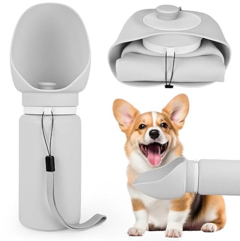 ZPTEE Foldable Dog Water Bottle - 550ml Leak-Proof & Hands-Free for Walking, Hiking, Camping & Travel | SplashGuard with Water Recirculation(River Walk Grey)