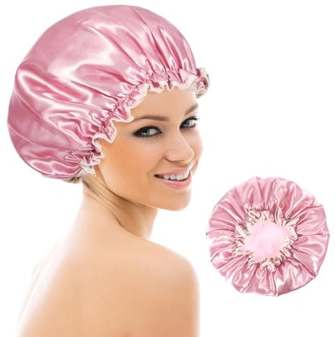 Double Layer Shower Cap Elastic, Reusable 100% Waterproof Shower Caps With Ruffled Edge Covering Ears for women, Silky Satin Cap for All Hair Lengths for SPA, Facial Mask Care, Showers (Pink)