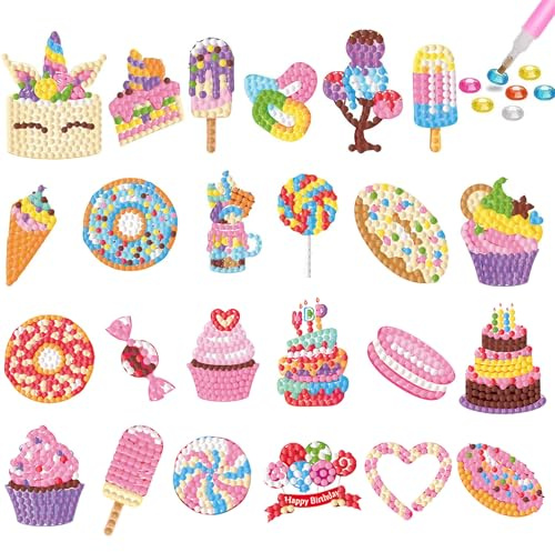 Barlone 24 Stück Diamond Painting Sticker, 5D Diamond Painting Kinder ab 4 5 6, DIY Einhorn Geburtstag Kuchen Diamant Aufkleber Set Klebebilder für Kinder Junge Mädchen Erwachsene Anfänger