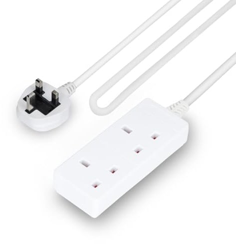 GEEPAS 2 Gang Extension Lead, 1M Cable | 2-Way Plug Extension Cable, 13 A | Wall Mountable & Multi Socket Mains Strip for Home Bedroom Office | Heavy Duty UK Plug | White