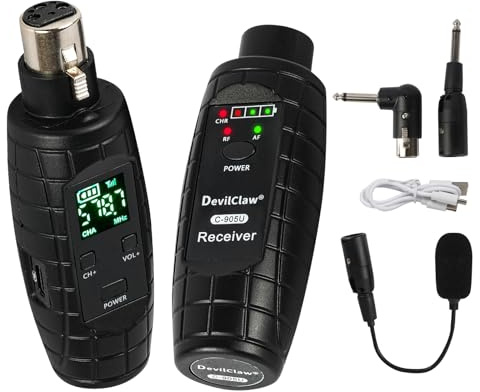 Devilclaw Système de microphone sans fil UHF, émetteur et récepteur adaptateur XLR pour microphones dynamiques, guitare, mixeur, système de sonorisation, 16 fréquences réglables, charge USB, portée de