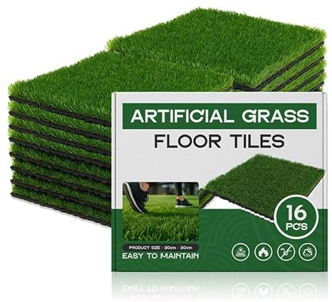 16 pack Interlocking Artificial Grass Tiles, 30x30cm Realistic FakeGrass | Tiles Outdoor, Self-Draining Artificial Grass Underlay Turf for Dogs, Patio, Garden and Balcony, Indoor Outdoor