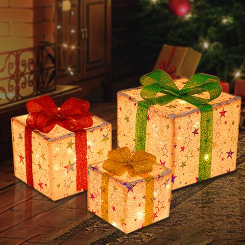 DAJASD 3 Set LED Geschenkboxen mit Timer, LED Geschenkbox Weihnachten mit 8 Lichtmodi, Batteriebetriebene Weihnachtsdekoration fur Weihnachten mit Fernbedienung und Einstellbarer Lichthelligkeit