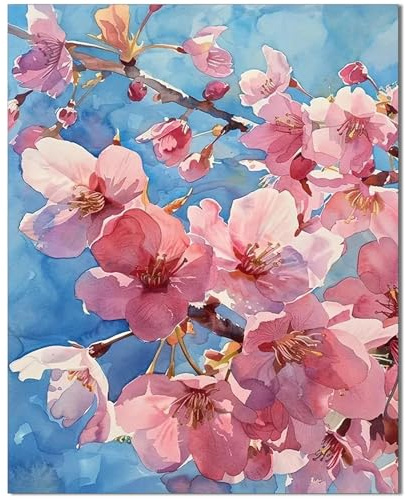 Qiukoo Malen nach Zahlen Erwachsene Blumen - 40x50 cm Malen nach Zahlen Pfirsichblüte mit 4 Pinseln und Acrylfarben – Paint by Numbers Adult Bastelset für Home Wand Dekor Geschenke