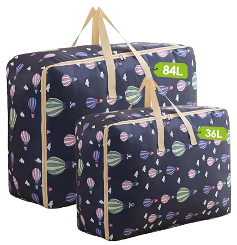 Large Storage Bags 84L + 36L, 2pcs Oxford Fabric Bags Waterproof Moisture proof and Dust-proof with Zips Blue Balloon Design for Comforters, Blankets & Bedding Breathable Proof No-Smell