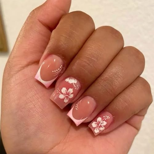 French Press On Nails, Kurz Square Rosa Falsche Nägel, 24PCS Kunstnägel zum Aufkleben, Kreative Blühende Blumen Fake Nail, French Short Falsche Nägel, Falsche Nagelspitzen, Pink Künstliche Fingernägel