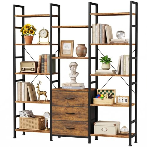 OYRREU 5-Tier Bookcase with Drawers, 120cm Wide Rustic Brown Shelving Unit | 168cm Height | 13 Open Shelves + 3 Fabric Drawers | Industrial Rustic | For Living/Bedroom/Home Office | Large Storage