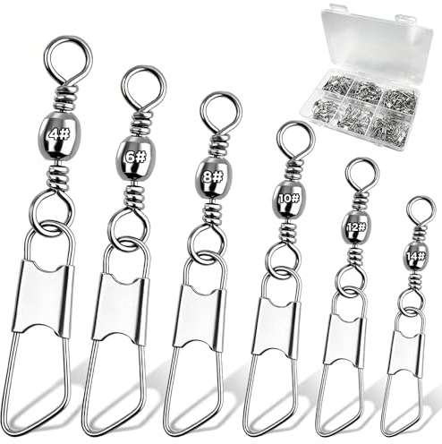 Seconero 100 Pcs Fishing Swivels & Clips Safety Snap Swivels Fishing Tackle | Fishing Tackle For Quick Change, Hooks to Line Connectors, #4 #6 #8 #10 #12 #14, Rolling Swivel for Saltwater & Freshwater
