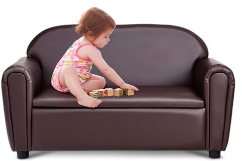 Costzon Kids Couch, 2 in 1 Double Seat Children's Sofa w/Under Seat Storage, PU Leather Surface, Toddler Armrest Chair, Kids Room, Soft Sofa with Storage for Preschool Baby Boys Girls Gifts