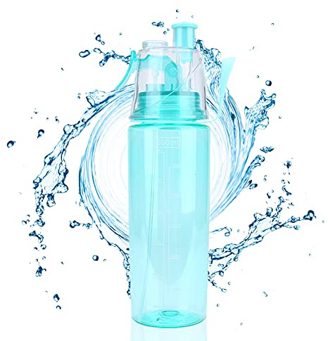 Dioche 600ML Drinking and Misting Sports Water Bottle, Portable Clear Plastic Spray Cup Head Anti-Leak Water Bottle Mister Spray Bottle with Scale for Sports Running Cycling Climbing Outdoor (Blue)