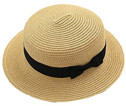 Elonglin Damen Mädchen Jungen Flacher Hut Schleife Strohhut Strand Sonnenhüte atmungsaktiv schnell trocknend Sommer im Urlaub Beige-Gelb Erwachsen-Modell
