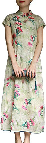 LZJN Robe d'été chinoise Cheongsam longue chinoise moderne Qipao en coton et lin Style oriental Qipao - - Medium