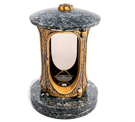 Afterglow Stilvolle Grablaterne Elégant Granit Labrador Blue Pearl Höhe 23 cm/Ø 15 cm Grableuchte Grablicht Grablampe Granitlampe Granitlaterne Bronze mit Sockel Grabschmuck