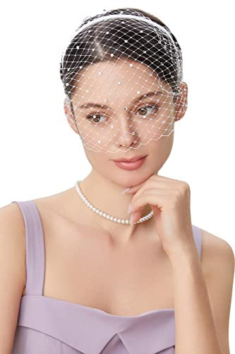 BABEYOND 1920er Jahre Flapper Fascinator Mesh Schleier Stirnband Braut Hochzeit Tee Party Fascinator Schleier mit Strass für Frauen, Weiß mit Kristallen, 1 Count (Pack of 1)
