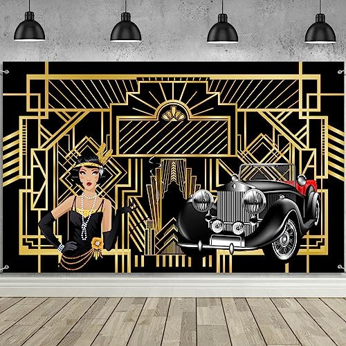 Brüllende 20er Jahre Gatsby Thema Party Dekoration, Extra Große Geburtstag der 1920er Jahre Schwarz und Gold Banner Hintergrund Fotografie für Hochzeit Kunst Vintage Dekor, 72,8 x 43,3 Zoll