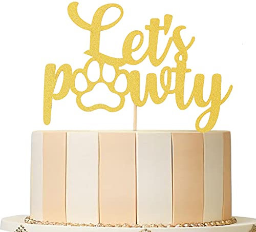 LeeLeeAn Gold Let's Pawty Cake Topper - Dog Birthday Cake Decoration, 1pc, Gold Glitter
