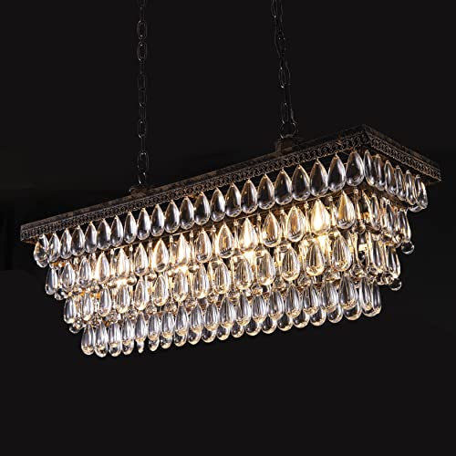 Wellmet Vintage Lustre en Cristal Lampe à Suspension Cristal Table à Manger Lampe Suspendue 76cm long 4 Lumières Salon Lustre Moderne Plafonnier en Cristal Rectangulaire bronze antique grand éclairage