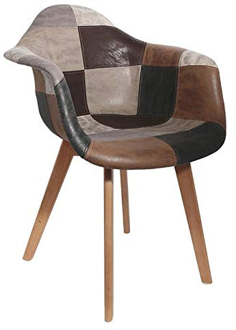 Deconation Fauteuil Cuir Synthétique| Scandinave Patchwork Marron Et Gris| H 85 X P 60,5 X L 62 Cm | Pieds en Bois Brut | Multicouleurs
