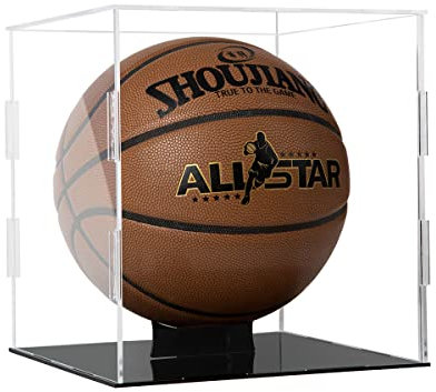 ZIGFRUIT Basketball-Vitrine, durchsichtig, Acryl, Alternative, Glaswürfel, Aufsatzbox, Baseball, Hockey, Fußball, Rahmen mit Sportball, Schattenschutz, schwarzer Ständer