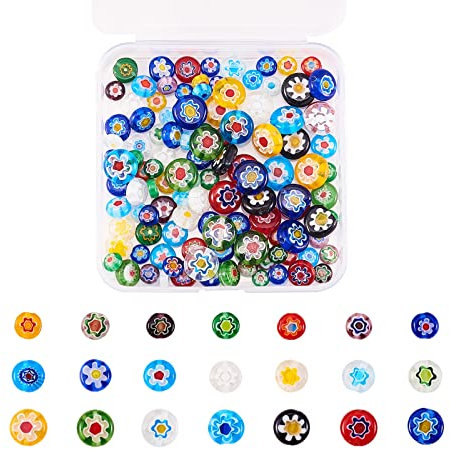 UR URLIFEHALL Lot de 140 perles en verre soufflé Millefiori rondes et plates - Motif floral - Perles d'espacement en vrac pour la fabrication de bijoux