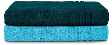 Komfortec 2er Saunatuch Set 80x200 cm aus 100% Baumwolle, XXL-Saunatücher, Sauna Handtuch, Weich, Groß, Frottee, Schnelltrocknend, Petrol/Türkis