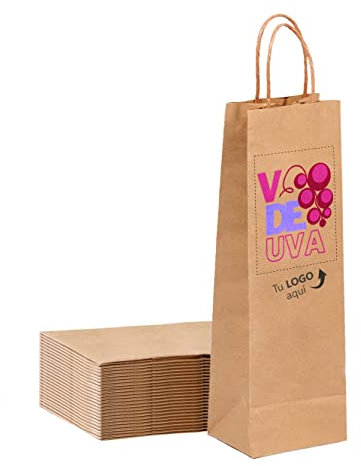 Pack 25 Bolsas para Botellas de Vino Personalizadas con Logo o Foto | Entrega tu Botella con la Mejor Presentación | Hechas de Papel Kraft para Regalos de Boda, Navidad, Publicidad (11x36x10cm)