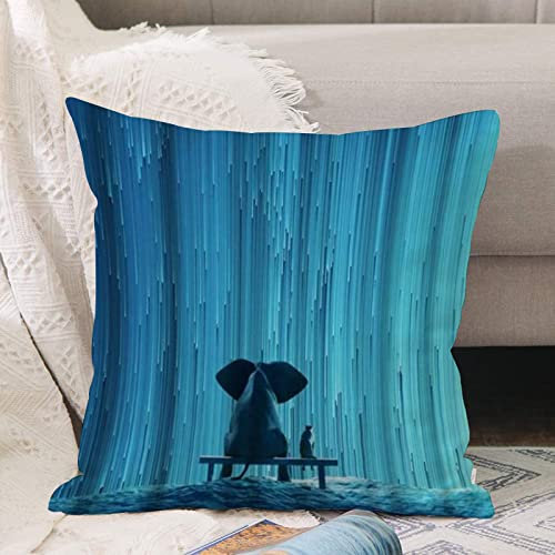 Kissenbezug 45x45 cm,Tierischer Elefant und Hund beobachten Wasserfall Teal Blue,,Outdoor Kissen Kissenbezüge Kissenhülle Sofa Kissen dekokissen Zierkissen für Wohnzimmer Garten deko draußen