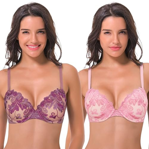 Curve Muse Women Plus Size Push Up Add 1 and a Half Cup Underwire Lace Mesh Bra-2PK-Pink,Grape-42C (EU:95C)