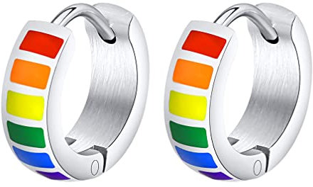 OAKKY Unisex 4mm Mode Regenbogen Flagge Lesbisch LGBT Gay Stolz Klein Huggie Band Ohrringe Edelstahl Ear Zucht Piercings Liebe Aussage Silber