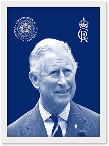Artery8 King Charles III Coronation Royal Blue Portrait Picture with Crest and Emblem Artwork Framed Wall Art Print A4